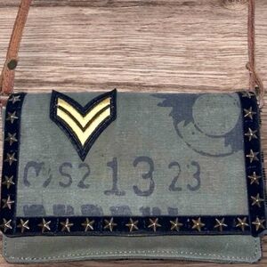 Mona B Rare Upcycled Military Canvas Crossbody Studded Flap Bag